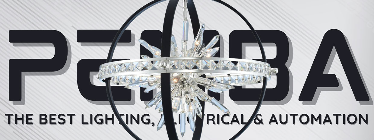 Word in big letters spell Pemba - with a crystal chandelier in the foreground