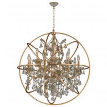  W83191MG33-GT - Armillary 13-Light Matte Gold Finish and Golden Teak Crystal Foucault's Orb Chandelier 33 in. Di