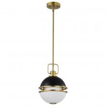  60/7876 - Everton 1 Light Pendant; 10 Inches; Matte Black & Brass Finish; Etched Opal Glass